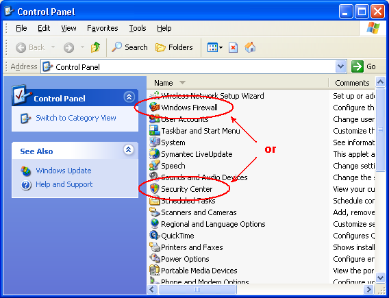 open the Security Center and/or the Windows Firewall